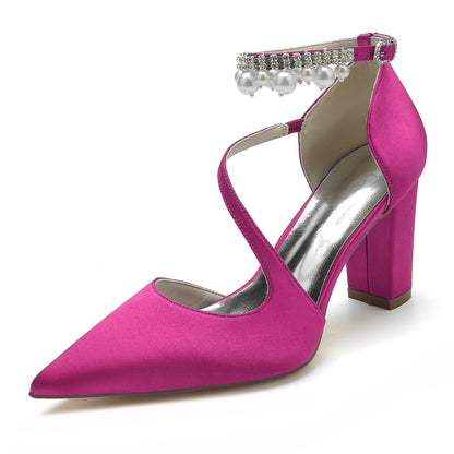 Chaussures de Soirée à Talon Épais et Bout Fermé En Satin de Soie pour Femmes avec Bride à la Cheville et Pompon En Perles