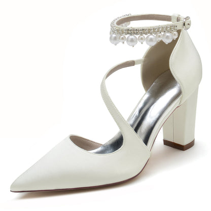 Chaussures de Soirée à Talon Épais et Bout Fermé En Satin de Soie pour Femmes avec Bride à la Cheville et Pompon En Perles