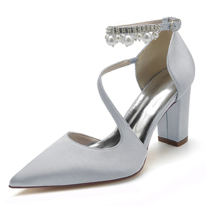 Chaussures de Soirée à Talon Épais et Bout Fermé En Satin de Soie pour Femmes avec Bride à la Cheville et Pompon En Perles