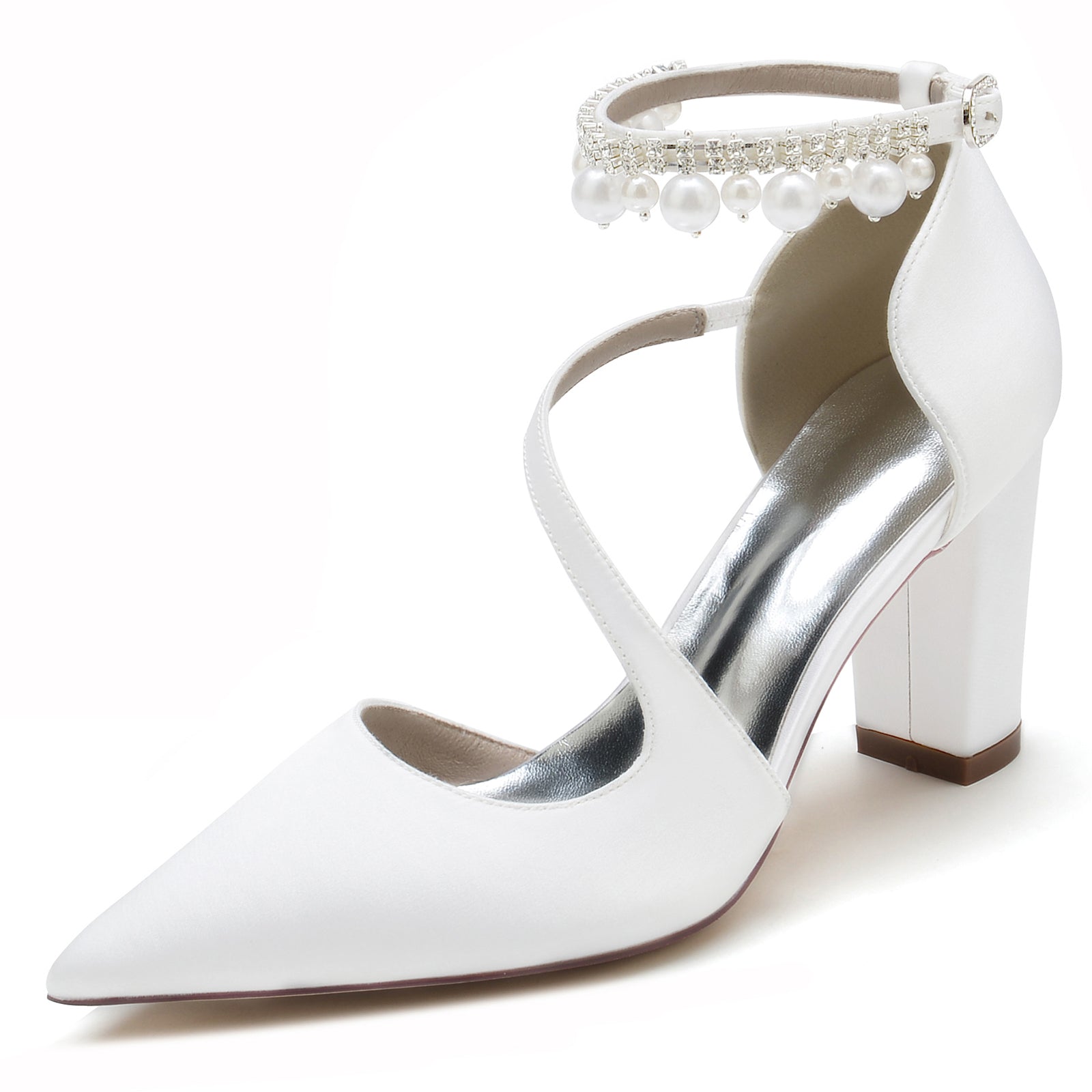 Chaussures de Soirée à Talon Épais et Bout Fermé En Satin de Soie pour Femmes avec Bride à la Cheville et Pompon En Perles
