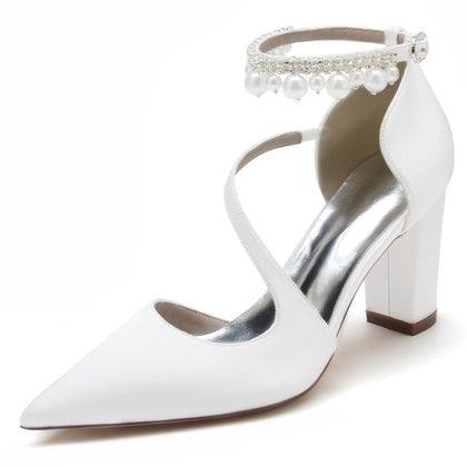 Chaussures de Soirée à Talon Épais et Bout Fermé En Satin de Soie pour Femmes avec Bride à la Cheville et Pompon En Perles