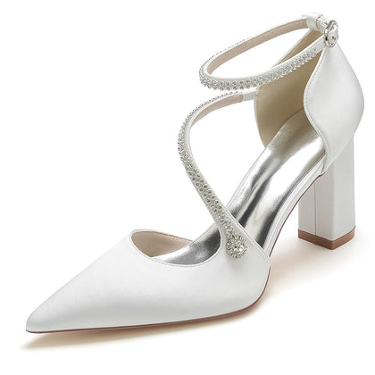 Chaussures de Mariage à Bout Fermé En Satin de Soie pour Femmes avec Bride à la Cheville et Strass à Talon Épais