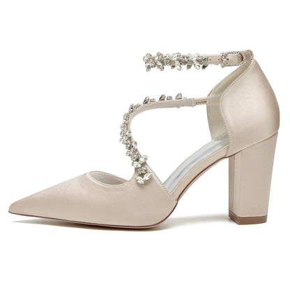 Chaussures de Soirée à Talon Épais et Bout Fermé En Satin de Soie pour Femmes avec Bride à la Cheville et Strass