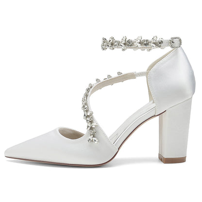 Chaussures de Soirée à Talon Épais et Bout Fermé En Satin de Soie pour Femmes avec Bride à la Cheville et Strass
