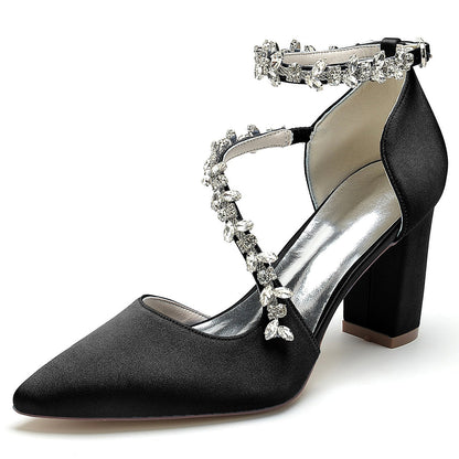 Chaussures de Soirée à Talon Épais et Bout Fermé En Satin de Soie pour Femmes avec Bride à la Cheville et Strass