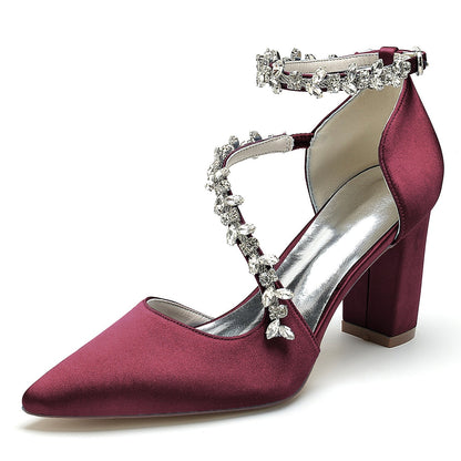 Chaussures de Soirée à Talon Épais et Bout Fermé En Satin de Soie pour Femmes avec Bride à la Cheville et Strass