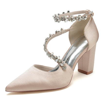 Chaussures de Soirée à Talon Épais et Bout Fermé En Satin de Soie pour Femmes avec Bride à la Cheville et Strass