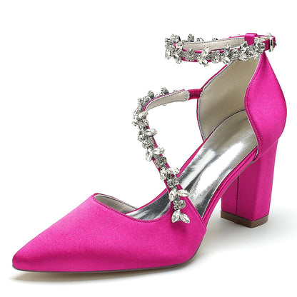 Chaussures de Soirée à Talon Épais et Bout Fermé En Satin de Soie pour Femmes avec Bride à la Cheville et Strass