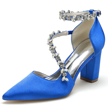 Chaussures de Soirée à Talon Épais et Bout Fermé En Satin de Soie pour Femmes avec Bride à la Cheville et Strass