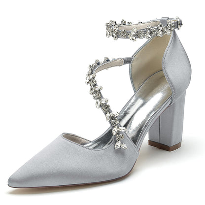 Chaussures de Soirée à Talon Épais et Bout Fermé En Satin de Soie pour Femmes avec Bride à la Cheville et Strass
