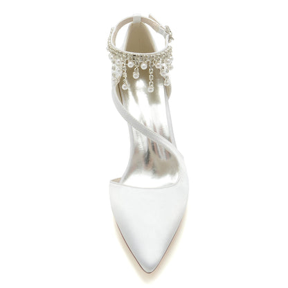 Chaussures de Mariage à Talon Épais et Bout Fermé En Satin de Soie pour Femmes avec Bride à la Cheville et Pompon