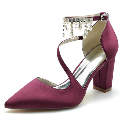 Chaussures de Mariage à Talon Épais et Bout Fermé En Satin de Soie pour Femmes avec Bride à la Cheville et Pompon