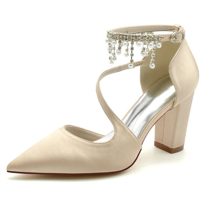 Chaussures de Mariage à Talon Épais et Bout Fermé En Satin de Soie pour Femmes avec Bride à la Cheville et Pompon