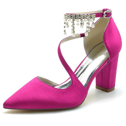 Chaussures de Mariage à Talon Épais et Bout Fermé En Satin de Soie pour Femmes avec Bride à la Cheville et Pompon