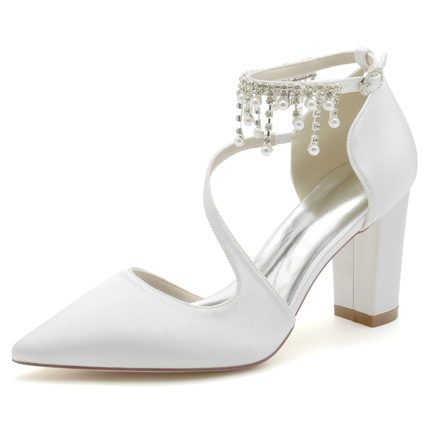 Chaussures de Mariage à Talon Épais et Bout Fermé En Satin de Soie pour Femmes avec Bride à la Cheville et Pompon