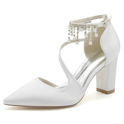 Chaussures de Mariage à Talon Épais et Bout Fermé En Satin de Soie pour Femmes avec Bride à la Cheville et Pompon