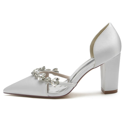 Chaussures de Soirée à Talon Épais et Bout Fermé En Satin de Soie pour Femmes avec Strass