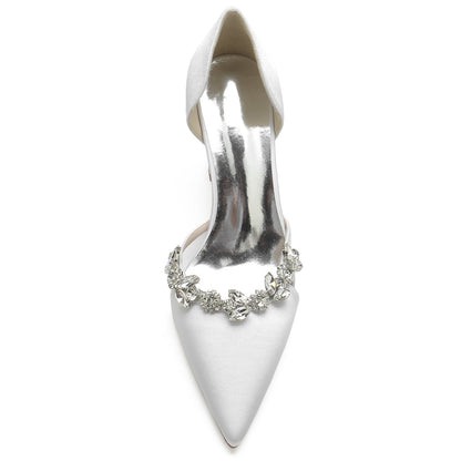 Chaussures de Soirée à Talon Épais et Bout Fermé En Satin de Soie pour Femmes avec Strass