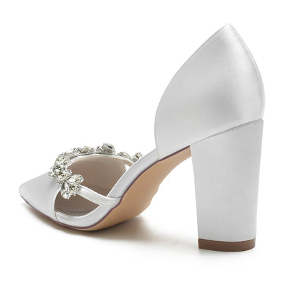 Chaussures de Soirée à Talon Épais et Bout Fermé En Satin de Soie pour Femmes avec Strass
