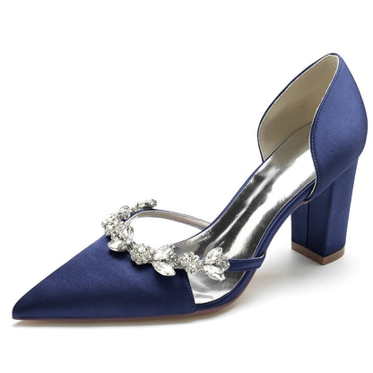 Chaussures de Soirée à Talon Épais et Bout Fermé En Satin de Soie pour Femmes avec Strass