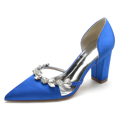 Chaussures de Soirée à Talon Épais et Bout Fermé En Satin de Soie pour Femmes avec Strass