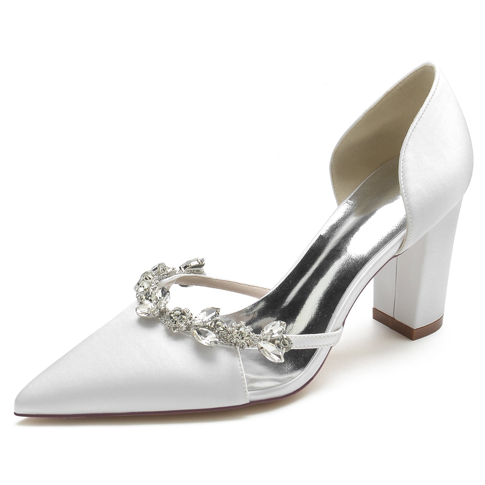 Chaussures de Soirée à Talon Épais et Bout Fermé En Satin de Soie pour Femmes avec Strass