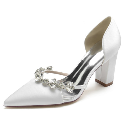 Chaussures de Soirée à Talon Épais et Bout Fermé En Satin de Soie pour Femmes avec Strass