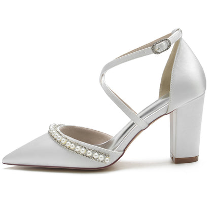 Chaussures de Mariage à Talon Épais et Bout Fermé En Satin de Soie pour Femmes avec Bride à la Cheville et Strass
