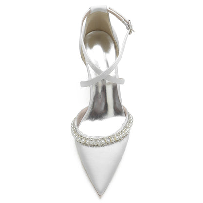 Chaussures de Mariage à Talon Épais et Bout Fermé En Satin de Soie pour Femmes avec Bride à la Cheville et Strass
