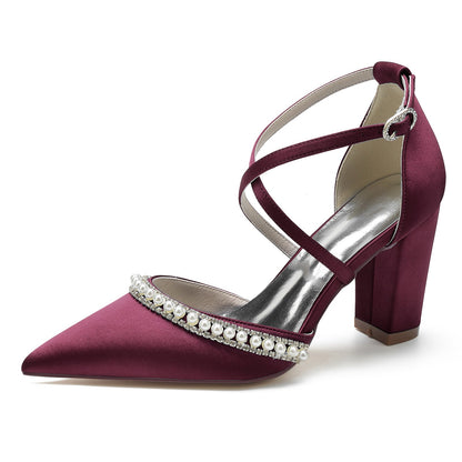 Chaussures de Mariage à Talon Épais et Bout Fermé En Satin de Soie pour Femmes avec Bride à la Cheville et Strass