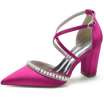 Chaussures de Mariage à Talon Épais et Bout Fermé En Satin de Soie pour Femmes avec Bride à la Cheville et Strass