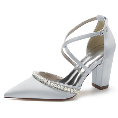 Chaussures de Mariage à Talon Épais et Bout Fermé En Satin de Soie pour Femmes avec Bride à la Cheville et Strass