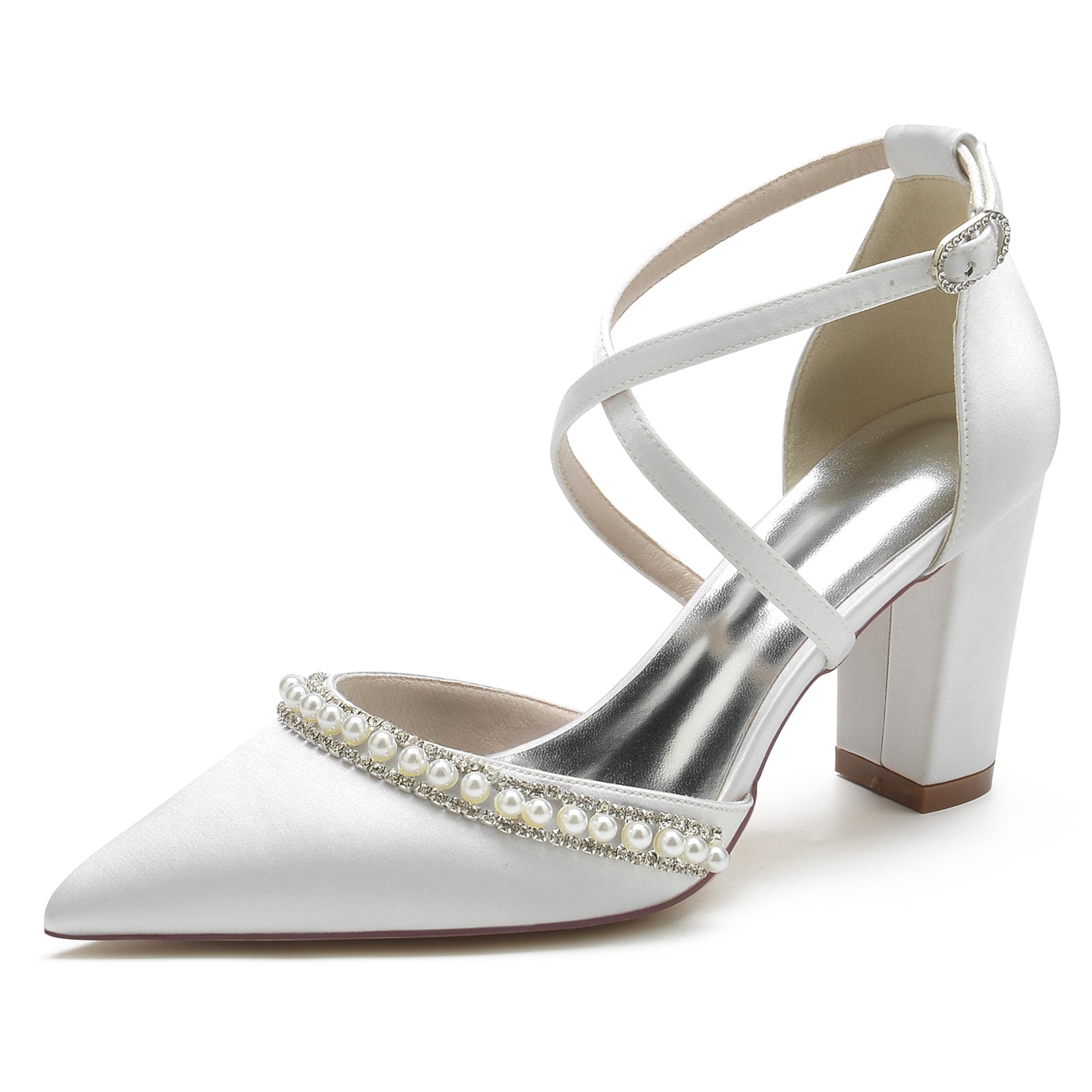 Chaussures de Mariage à Talon Épais et Bout Fermé En Satin de Soie pour Femmes avec Bride à la Cheville et Strass