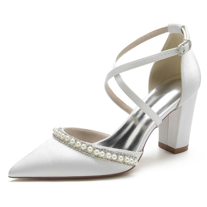 Chaussures de Mariage à Talon Épais et Bout Fermé En Satin de Soie pour Femmes avec Bride à la Cheville et Strass