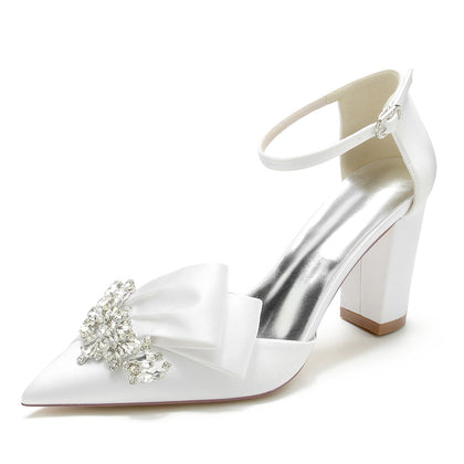 Chaussures de Soirée à Talon Épais et Bout Fermé En Satin de Soie pour Femmes avec Bride à la Cheville et Strass