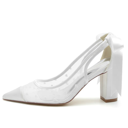 Chaussures de Soirée à Talon Épais et Bout Fermé En Satin de Soie pour Femmes avec Lacets