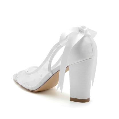 Chaussures de Soirée à Talon Épais et Bout Fermé En Satin de Soie pour Femmes avec Lacets