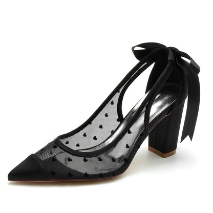 Chaussures de Soirée à Talon Épais et Bout Fermé En Satin de Soie pour Femmes avec Lacets