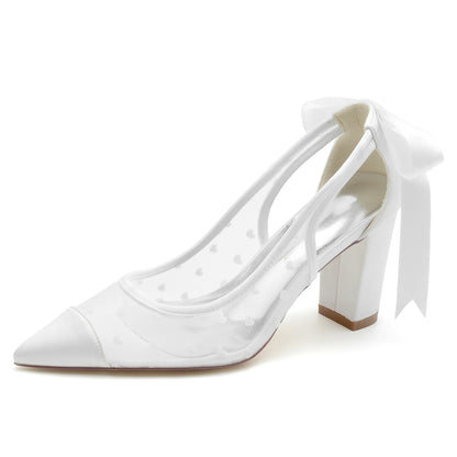 Chaussures de Soirée à Talon Épais et Bout Fermé En Satin de Soie pour Femmes avec Lacets