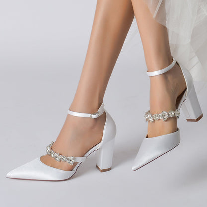 Chaussures de Mariage à Talon Épais et Bout Fermé En Satin de Soie pour Femmes avec Bride à la Cheville et Strass