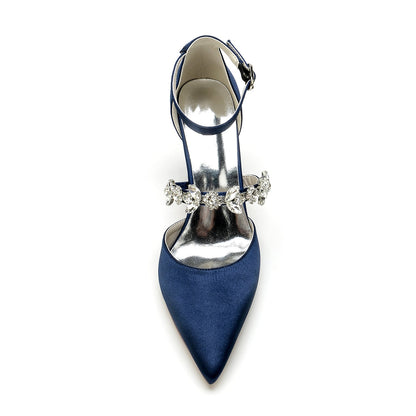Chaussures de Mariage à Talon Épais et Bout Fermé En Satin de Soie pour Femmes avec Bride à la Cheville et Strass