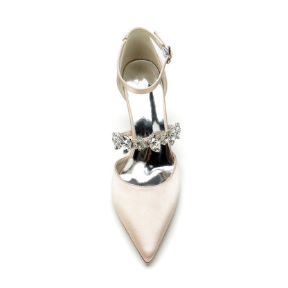 Chaussures de Mariage à Talon Épais et Bout Fermé En Satin de Soie pour Femmes avec Bride à la Cheville et Strass