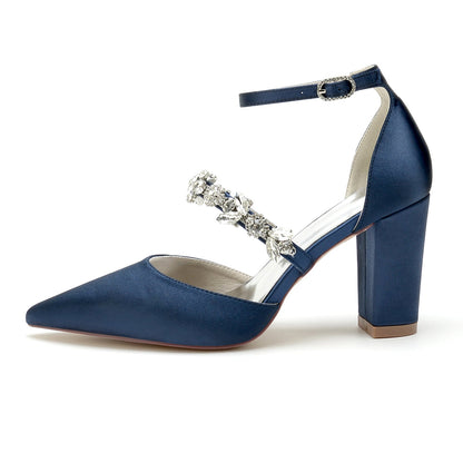 Chaussures de Mariage à Talon Épais et Bout Fermé En Satin de Soie pour Femmes avec Bride à la Cheville et Strass