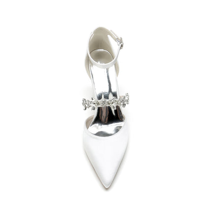 Chaussures de Mariage à Talon Épais et Bout Fermé En Satin de Soie pour Femmes avec Bride à la Cheville et Strass