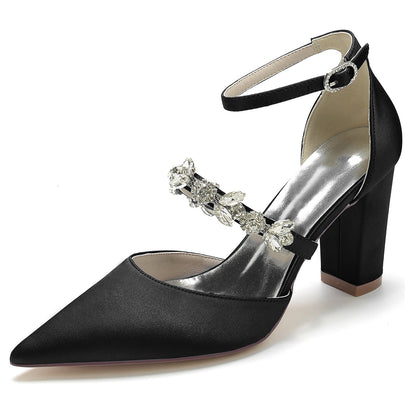 Chaussures de Mariage à Talon Épais et Bout Fermé En Satin de Soie pour Femmes avec Bride à la Cheville et Strass