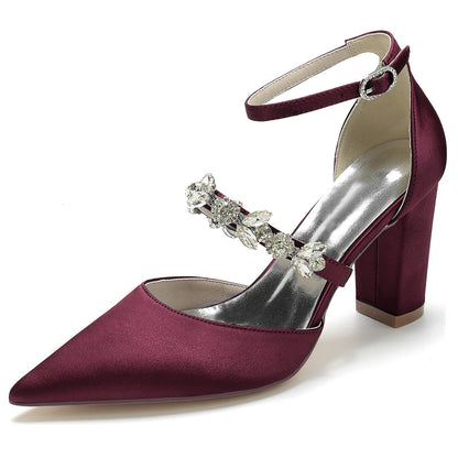Chaussures de Mariage à Talon Épais et Bout Fermé En Satin de Soie pour Femmes avec Bride à la Cheville et Strass