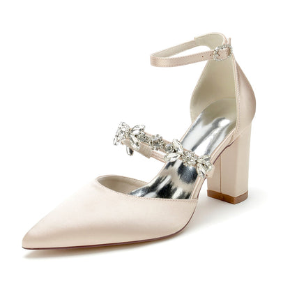 Chaussures de Mariage à Talon Épais et Bout Fermé En Satin de Soie pour Femmes avec Bride à la Cheville et Strass