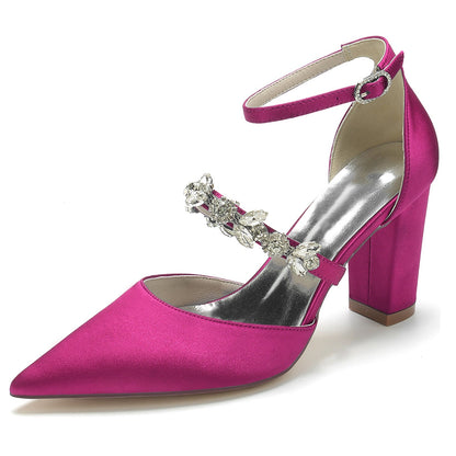 Chaussures de Mariage à Talon Épais et Bout Fermé En Satin de Soie pour Femmes avec Bride à la Cheville et Strass