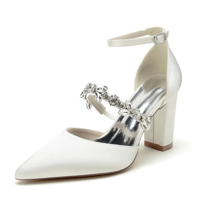 Chaussures de Mariage à Talon Épais et Bout Fermé En Satin de Soie pour Femmes avec Bride à la Cheville et Strass