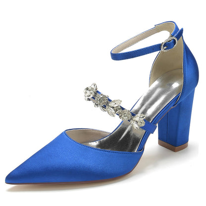 Chaussures de Mariage à Talon Épais et Bout Fermé En Satin de Soie pour Femmes avec Bride à la Cheville et Strass